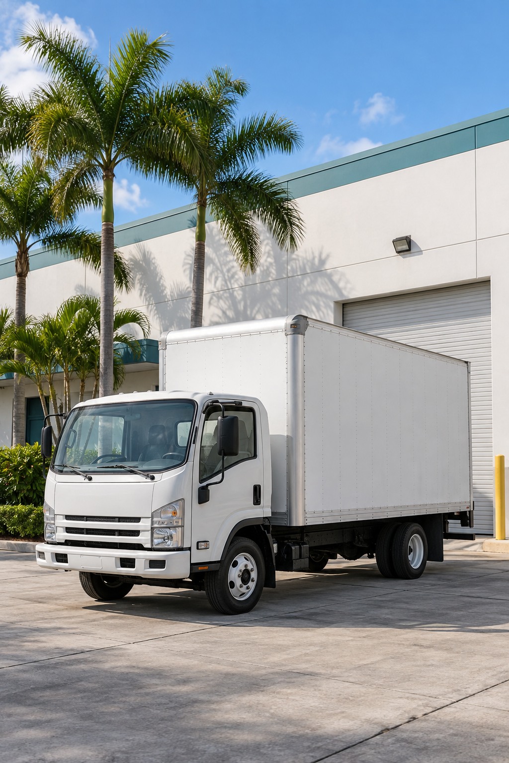 Illustrative box truck beside a palm-lined South Florida industrial building