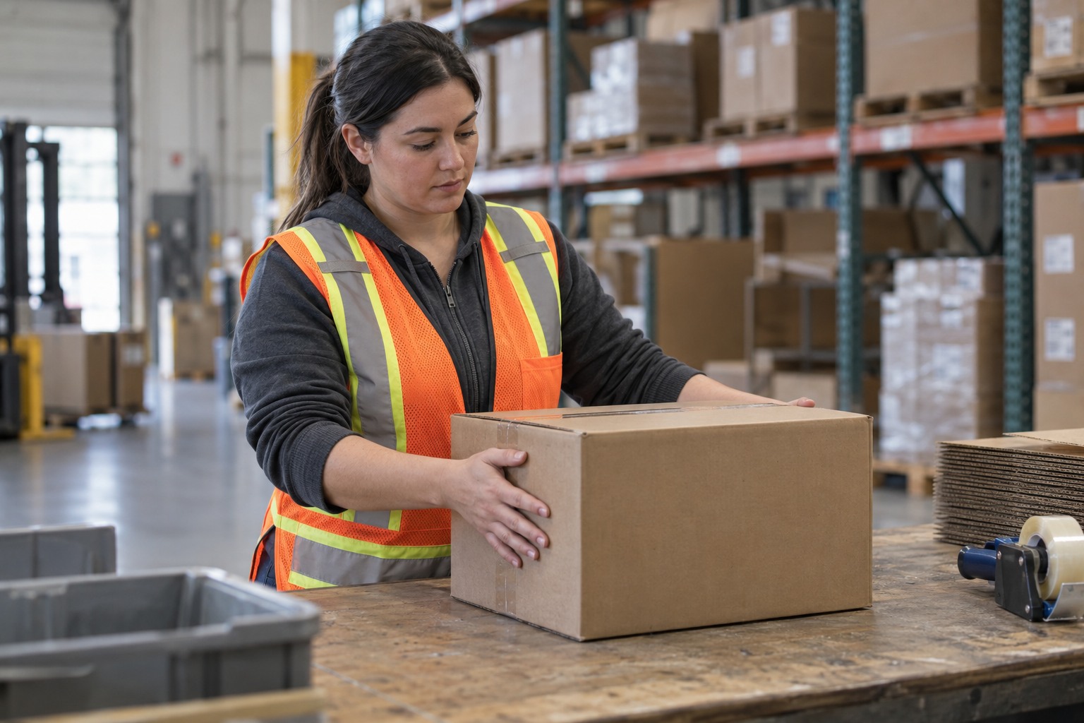 Illustrative warehouse professional checking a plain carton at a workbench