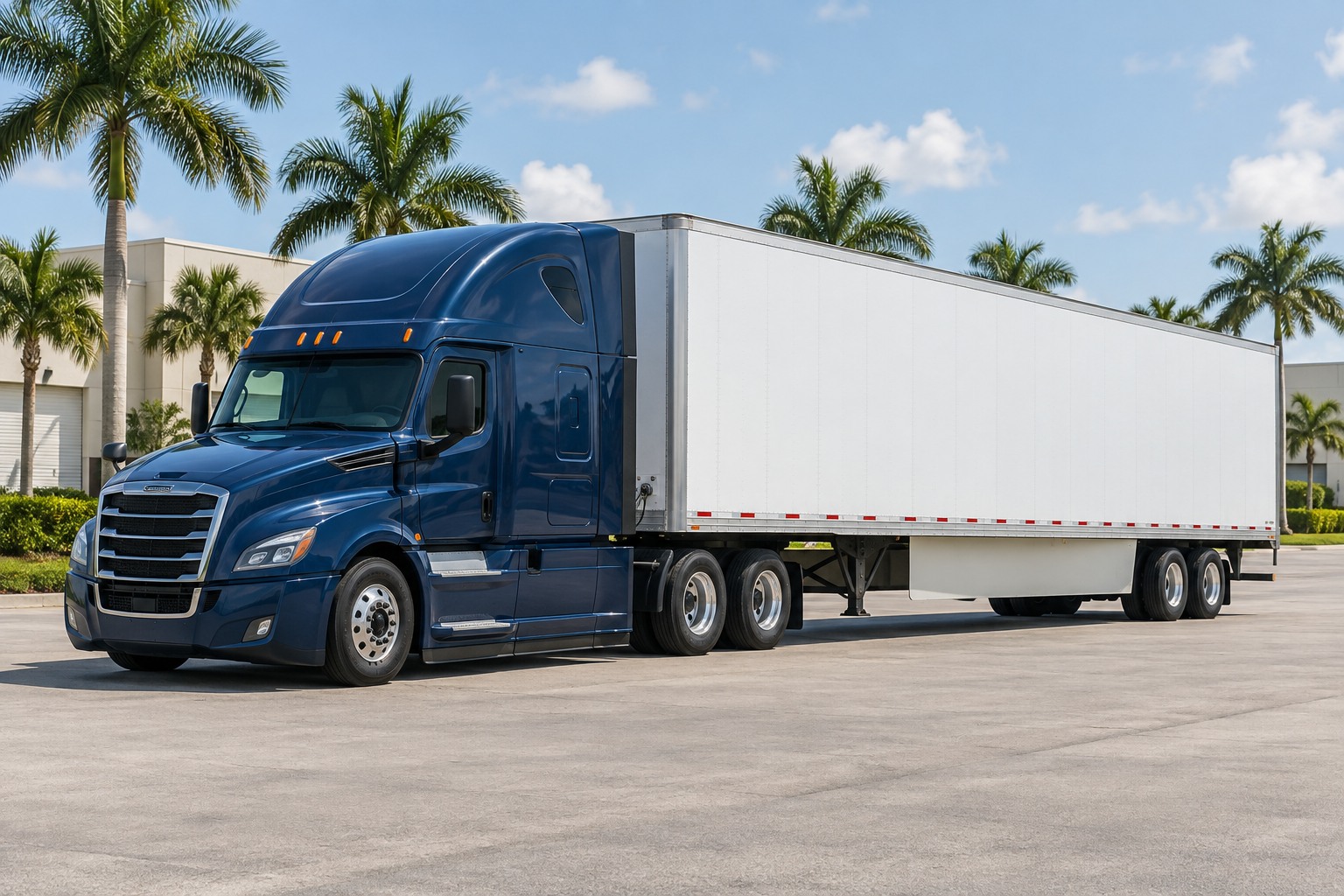 Illustrative navy tractor and white trailer in a palm-lined South Florida freight yard