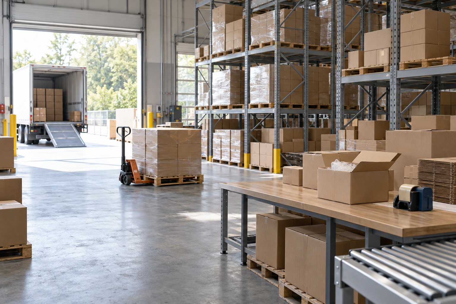 Illustrative warehouse packing area with cartons, pallets, and pale gray storage racks